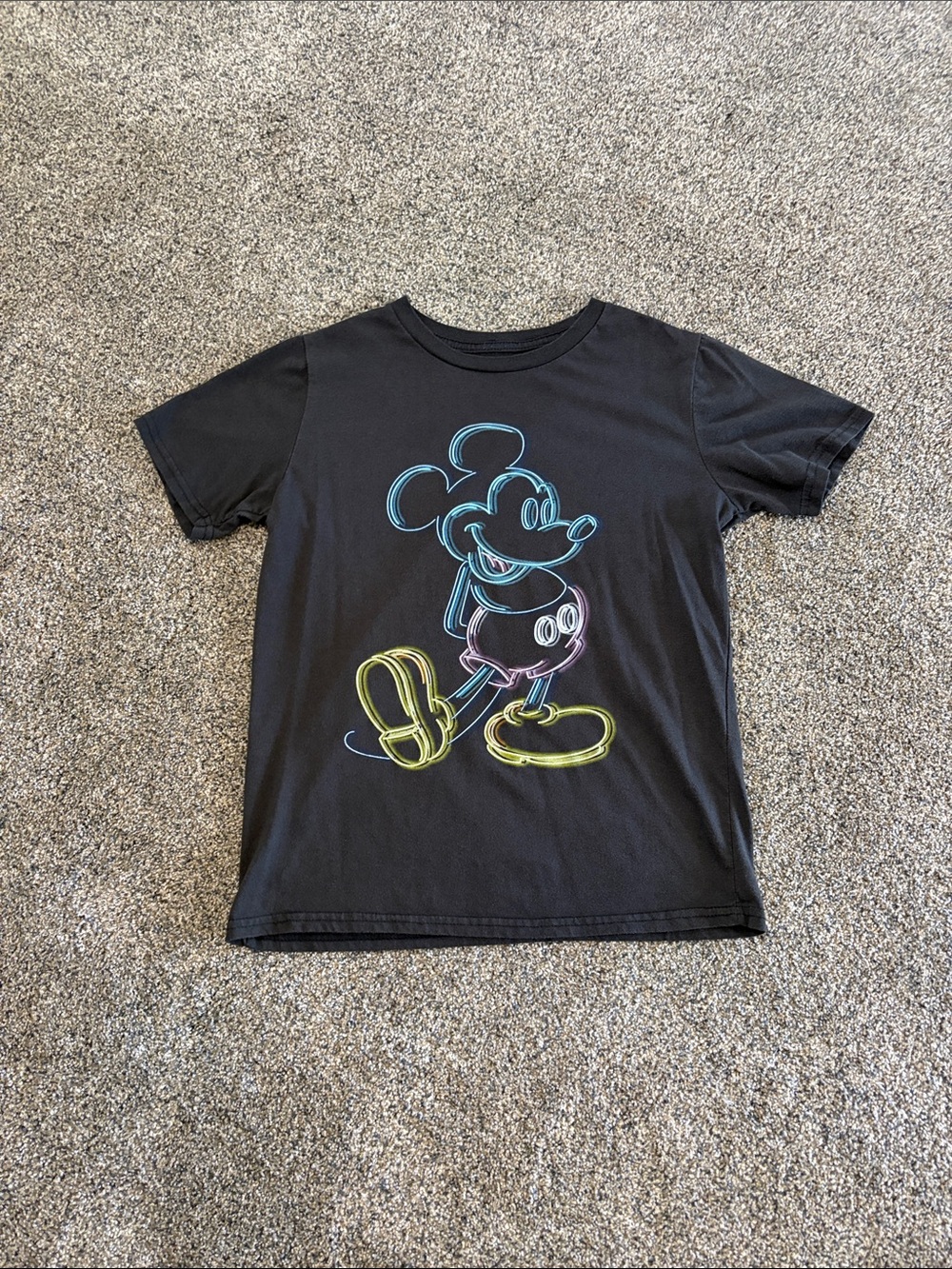 Boys Disney Black Tee with Neon-Outline Mickey Graphic Size Large 10